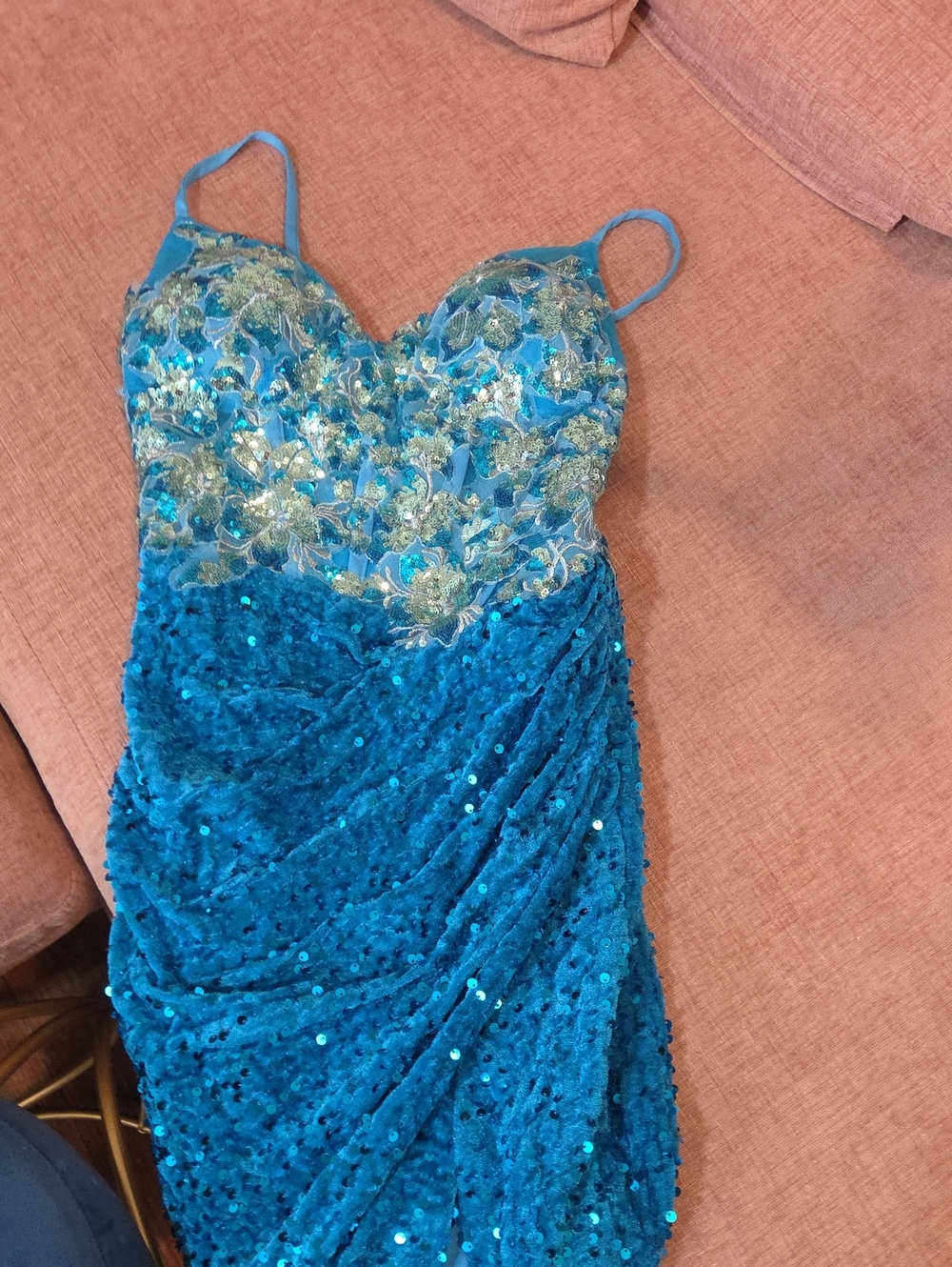 Teal Blue Sequin & Lace Embellished Slip Dress